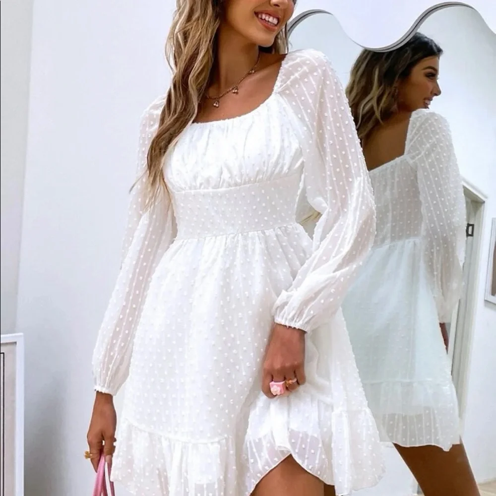 chinese dress ladies SHEIN Firerie Women's White Asymmetrical Shoulder Long Sleeve Side Sli |  Dress